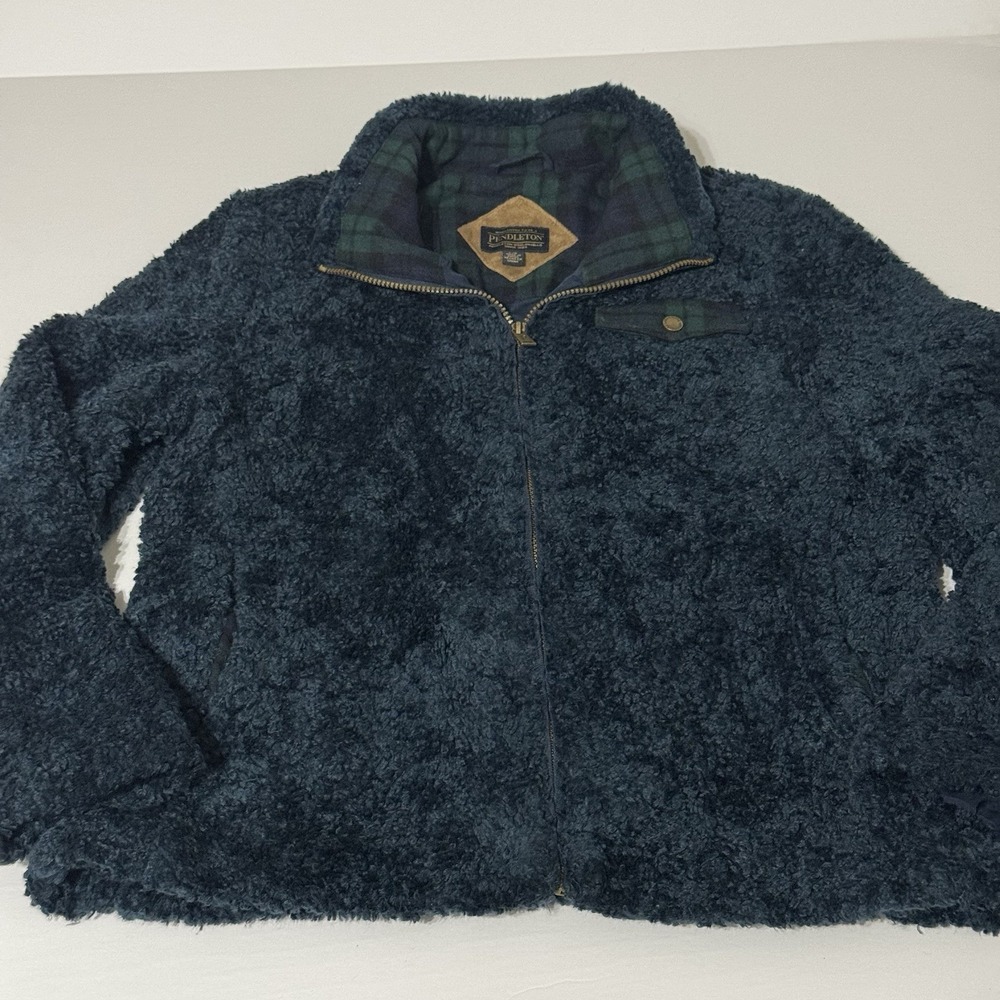 Pendleton Fleece Sherpa Full Zip Navy Blue Jacket Womens Large Coat Wool Trim